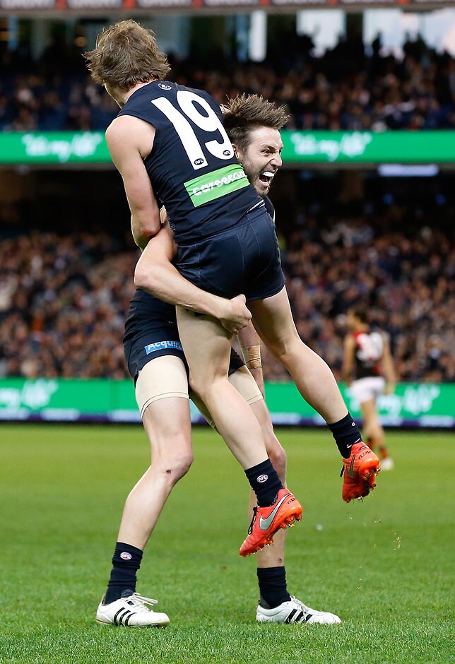 AFL 2016 Rd 06 - Carlton v Essendon Dale Thomas and Liam Sumner celebrate a goal - ${keywords}